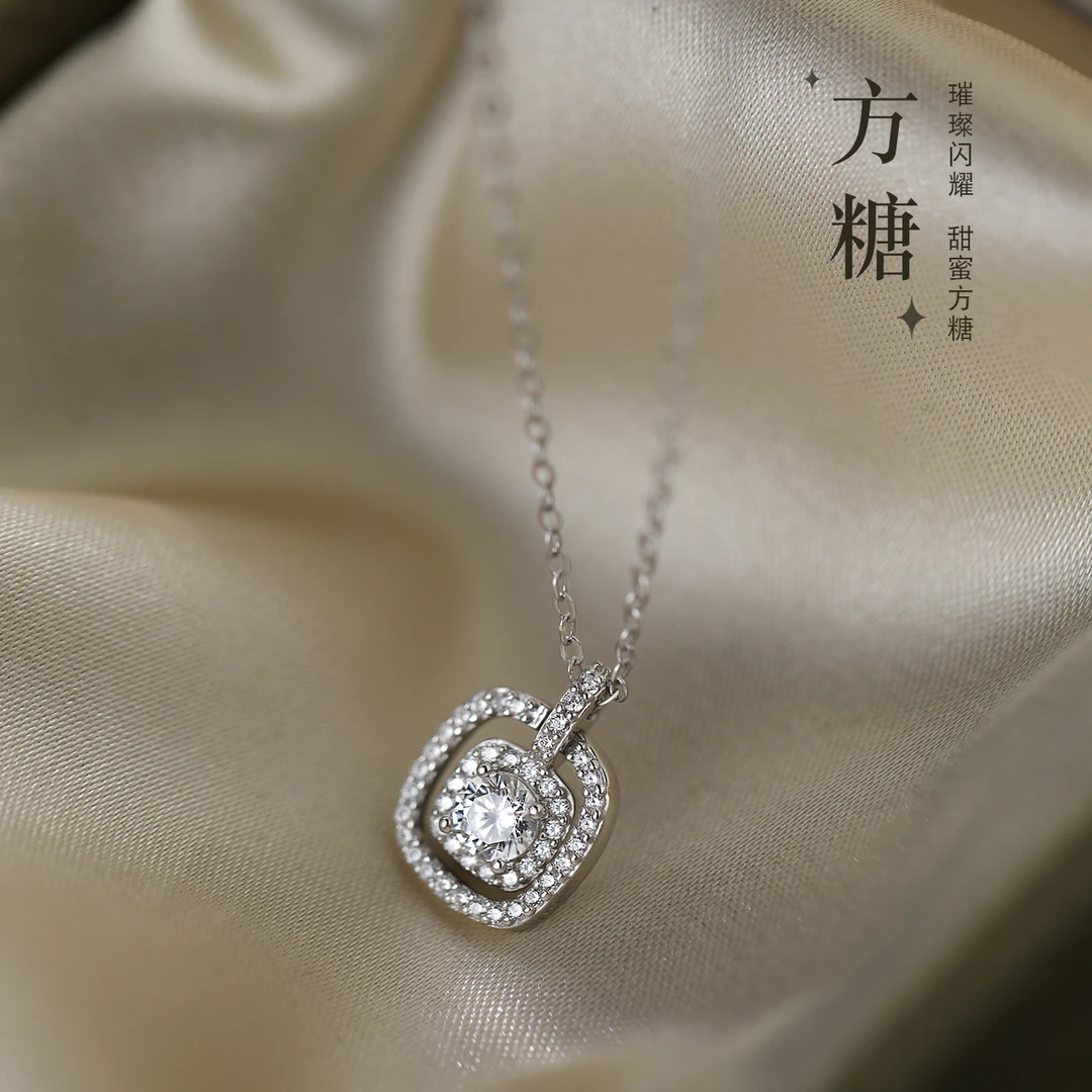 坠链均925银合成锆石 925纯银方糖项链轻奢气质时尚小众锁骨链女