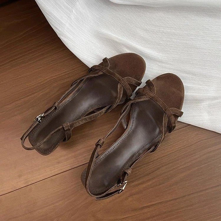 欧洲站2025新款复古简约气质一字带坡跟凉鞋女百搭绝美罗马凉鞋潮