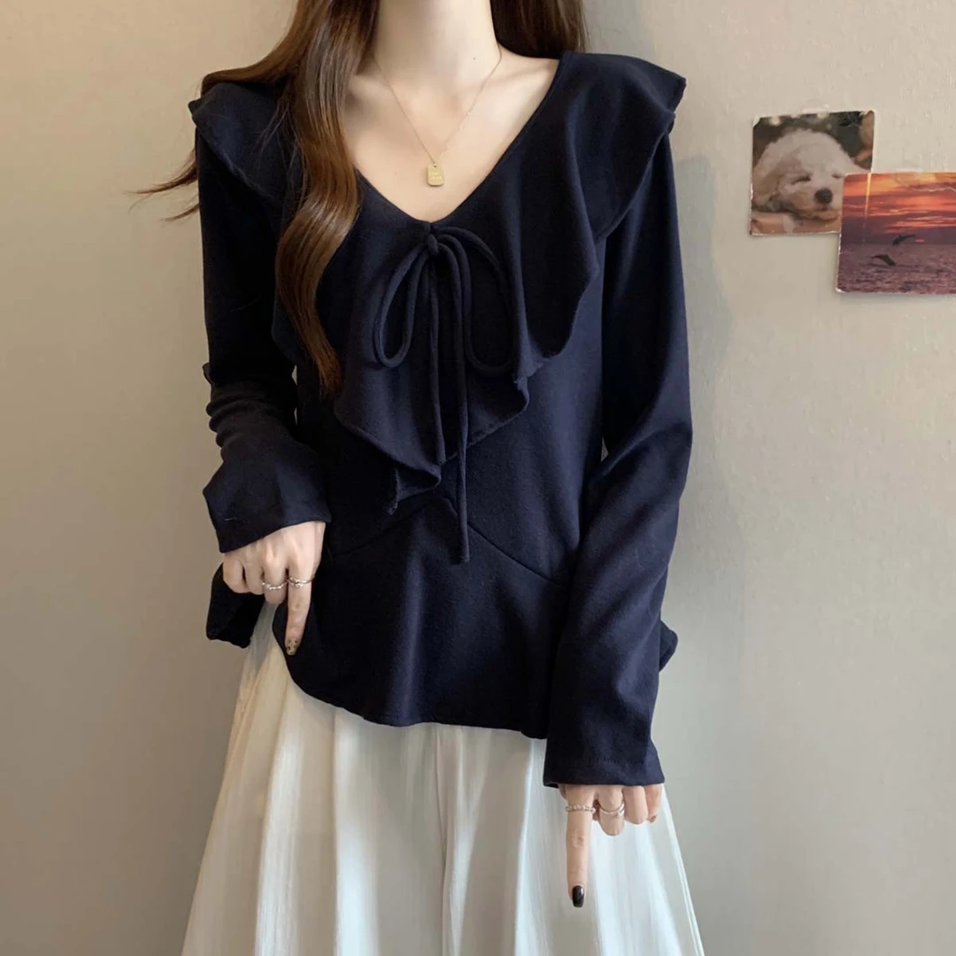 设计感荷叶边法式正肩长袖打底衫秋冬内搭胖mm别致不规则显瘦上衣