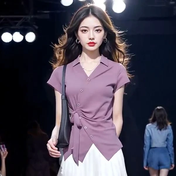 2025夏季新款法式设计感褶皱绑带显瘦不规则上衣女百搭时尚T恤