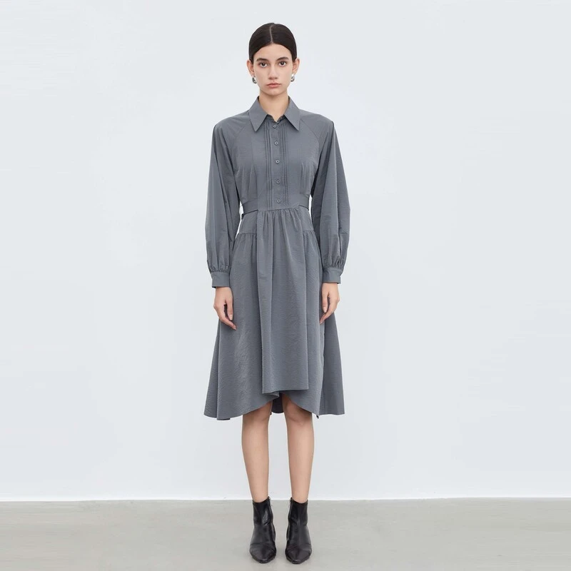 MAOKAI女装翻领压褶收腰拼接衬衫连衣裙M233Z12D1