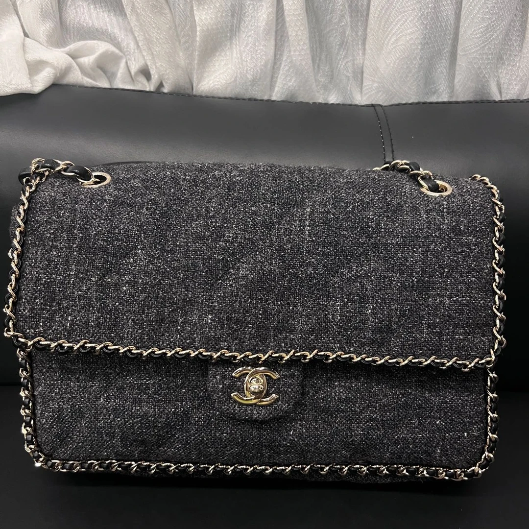 99新 Chanel/香奈儿 灰金色毛呢jumbo单肩斜挎包