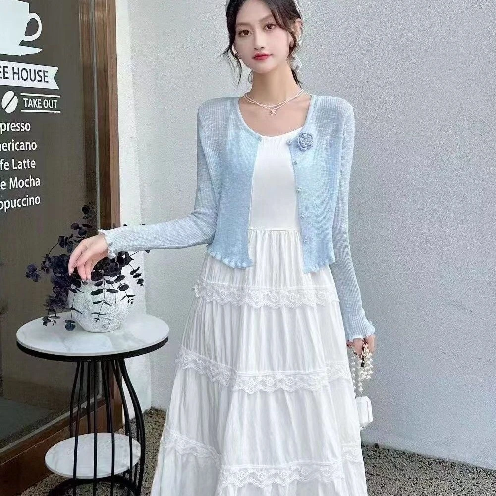 花朵木耳边薄款针织开衫女夏季外穿长袖防晒外搭微透罩衫空调衫