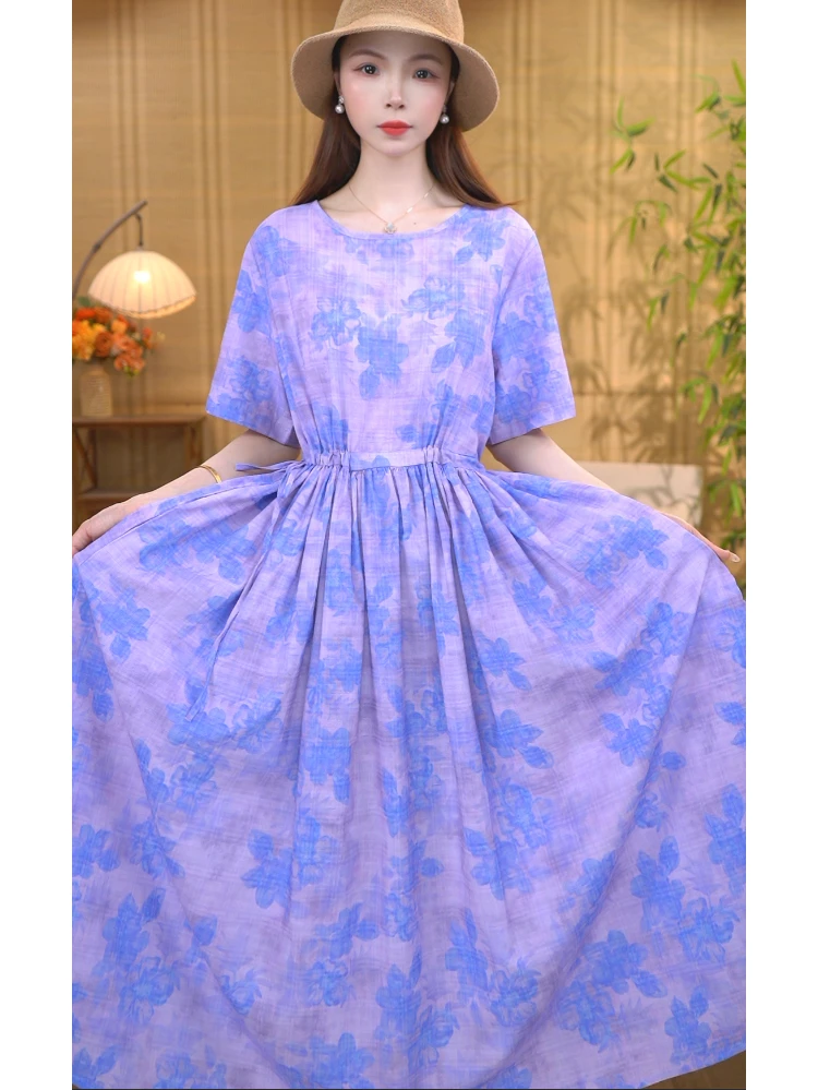 【紫色雅韵】夏季新款大摆裙文艺复古过膝系带收腰显瘦洋气长裙子