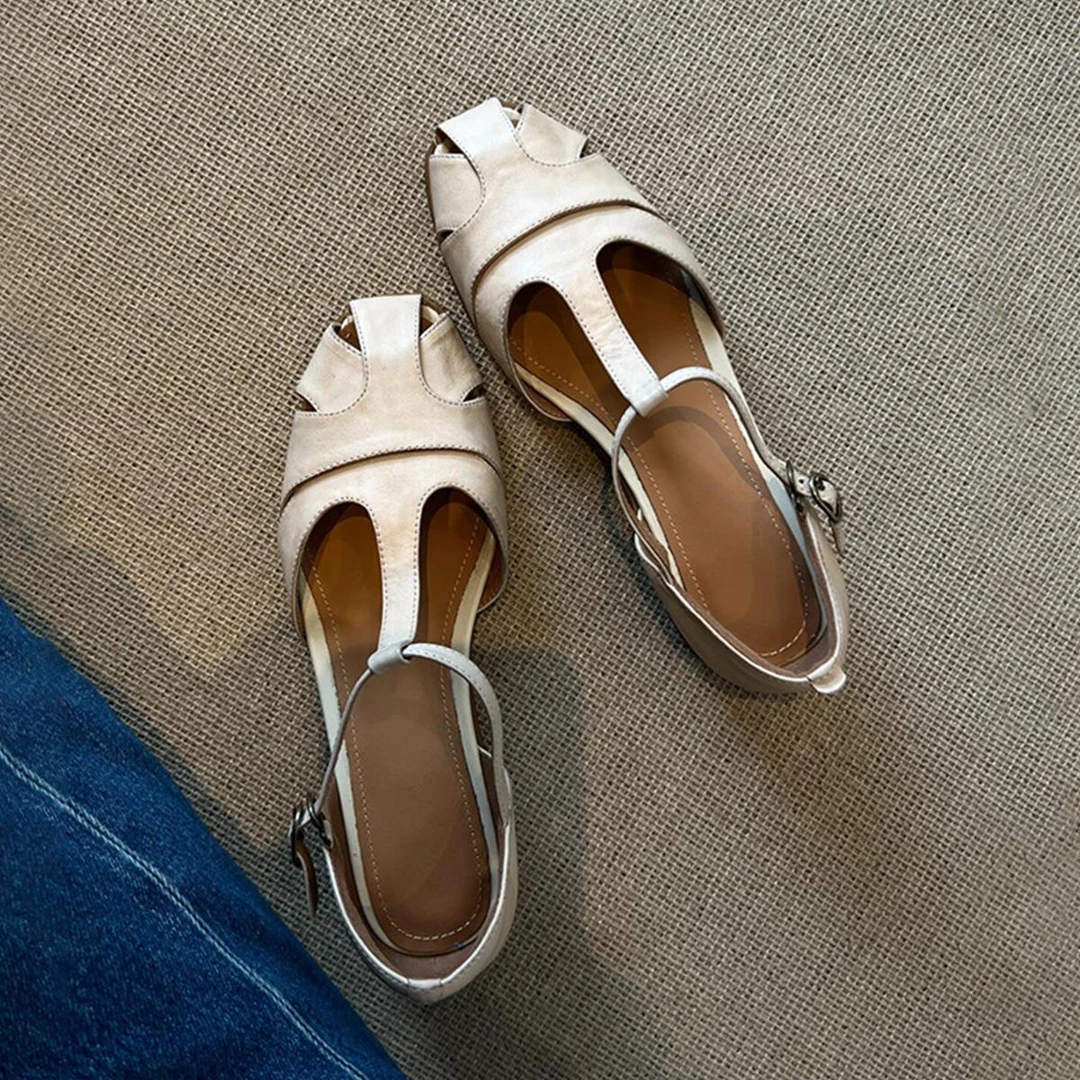 羊皮版~复古圆头镂空夏季真皮凉鞋女一字带中空粗跟文艺风包头鞋