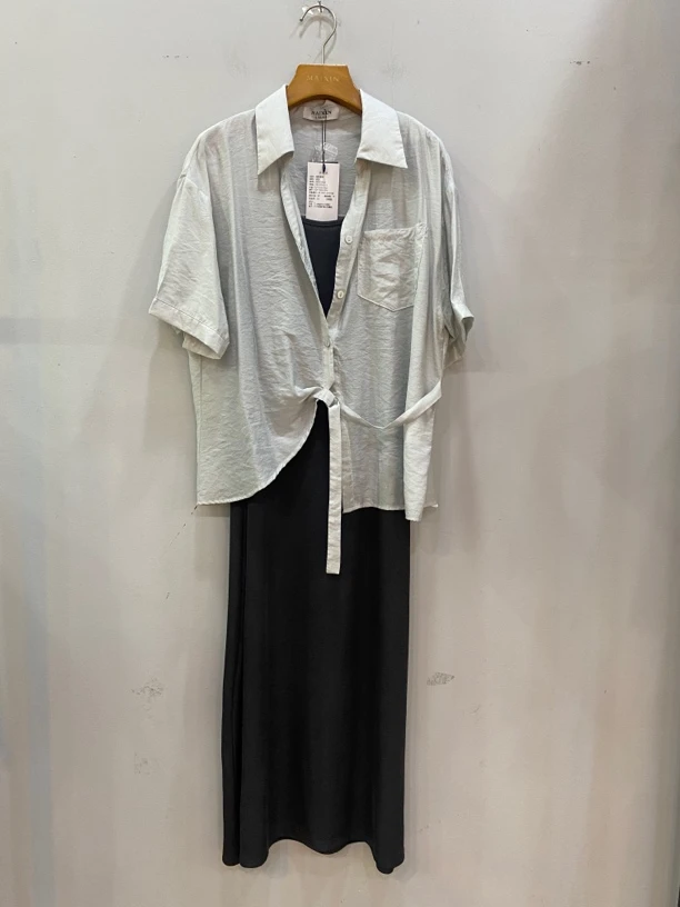 麦寻专柜2025年夏新款翻领系带短袖衬衣+吊带连衣裙时尚两件套潮