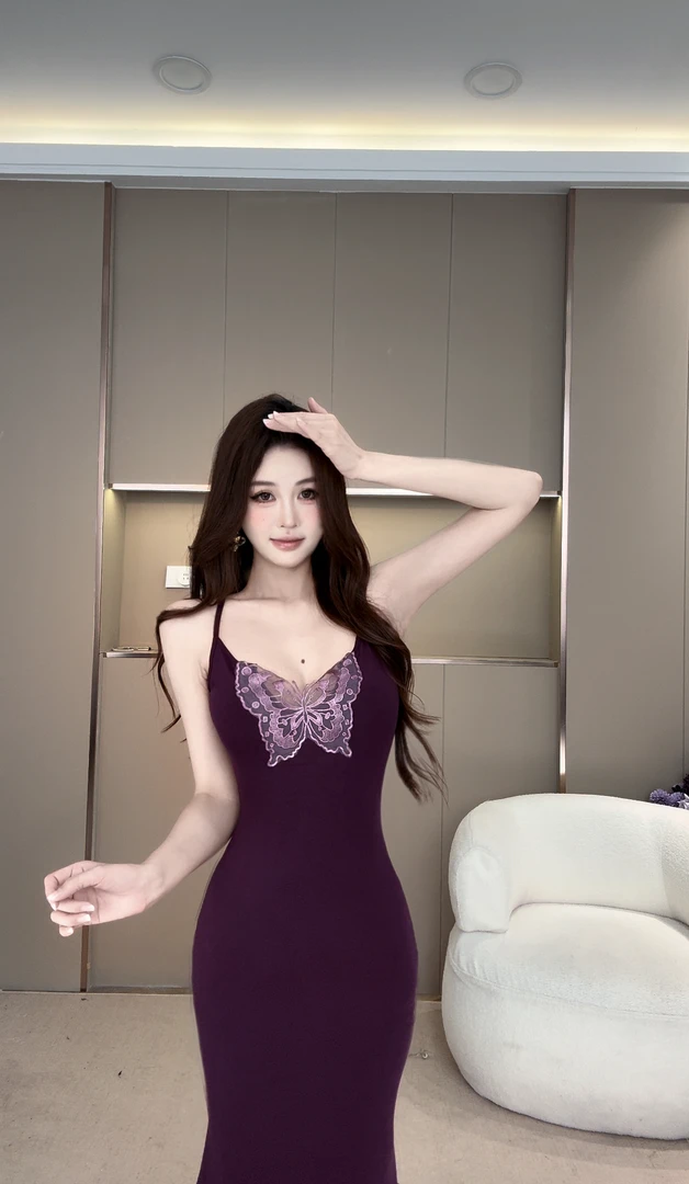 蝴蝶仙子 镂空蝴蝶吊带连衣裙女性感收腰显瘦鱼尾长裙