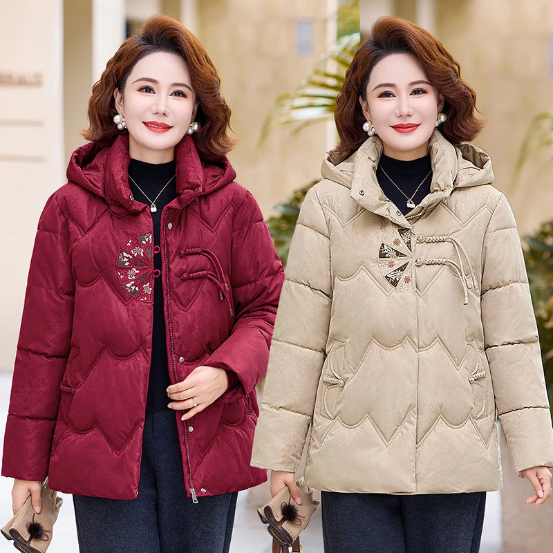 洋气新款时尚妈妈棉服女冬季加绒加厚连帽刺绣棉衣外套棉袄上衣服