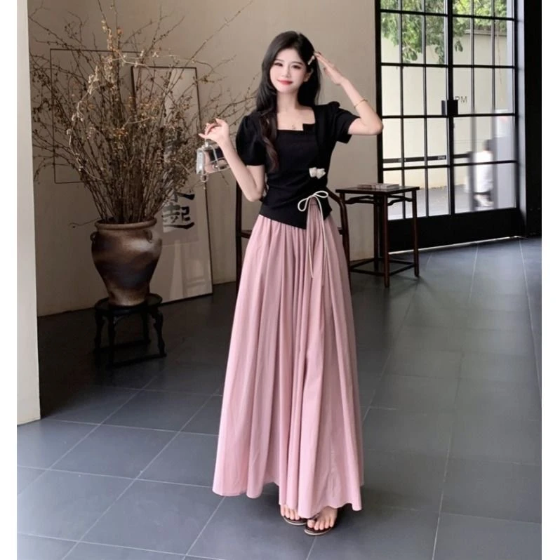 胖mm大码夏装搭配一整套时尚设计不规则短袖T恤上衣百搭半身裙女