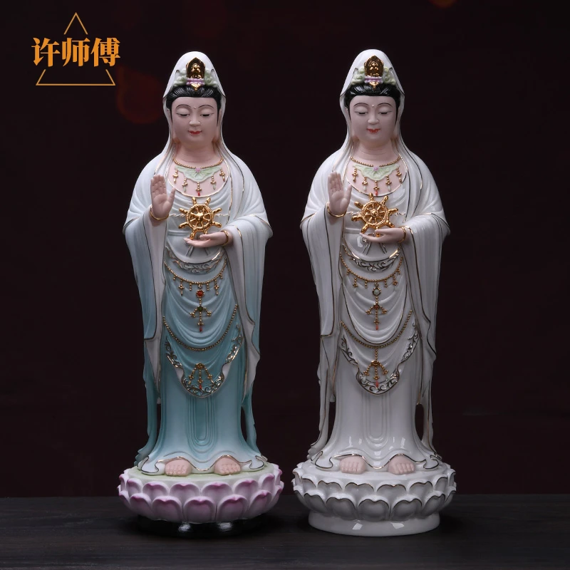 许师傅陶瓷普陀山南海观音像供奉手持法轮观世音菩萨像家用摆件