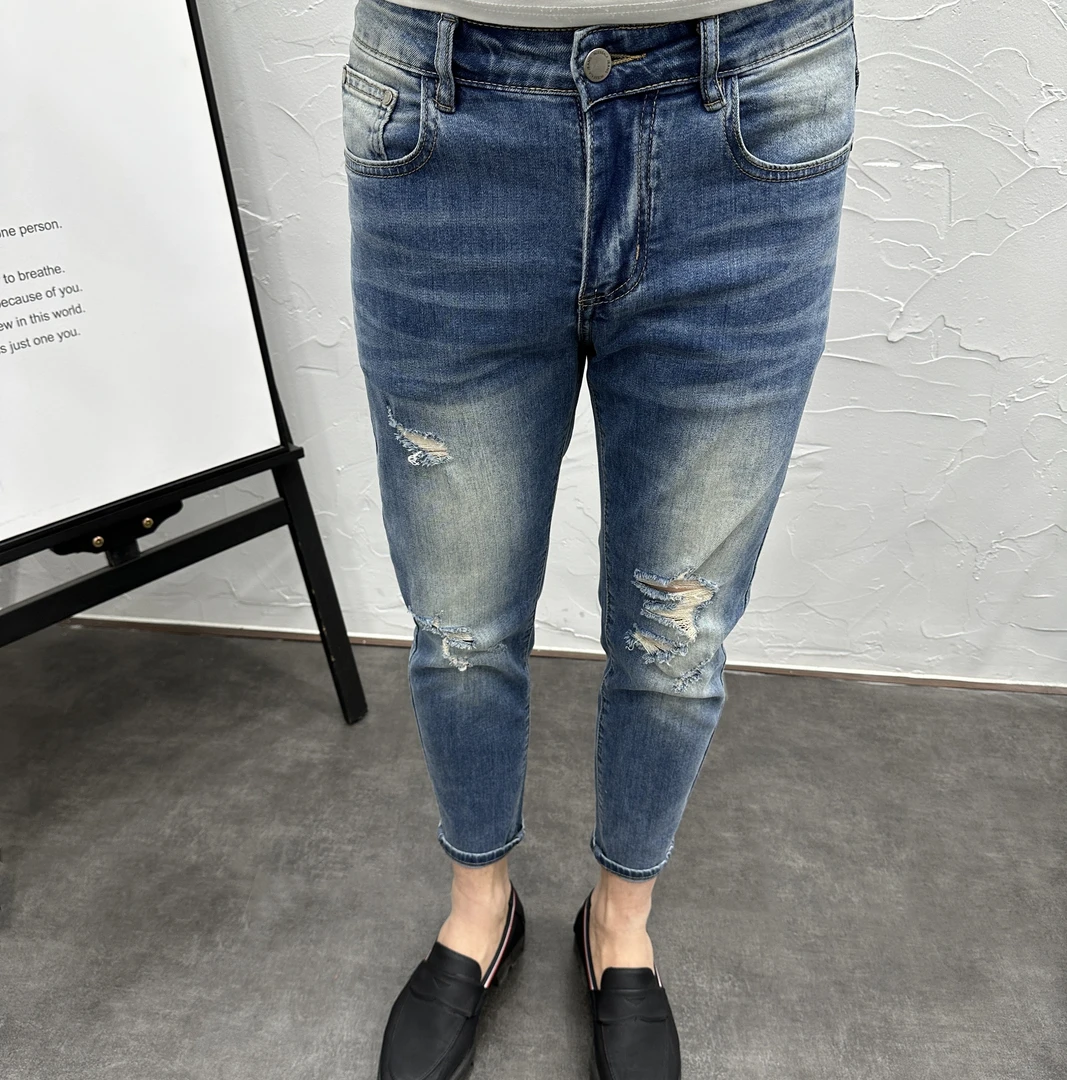 蓝色破洞九分牛仔裤男春夏潮流时尚百搭韩版修身小脚高端水洗弹力