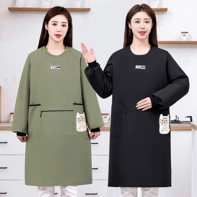 新款时尚多口袋长袖围裙家用厨房做饭防油防污餐厅工作服罩衣