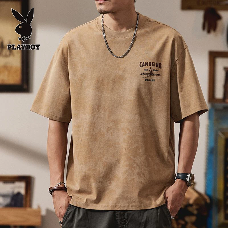 花花公子2025春季复古云染印花短袖T恤男宽松潮牌美式半袖体恤男
