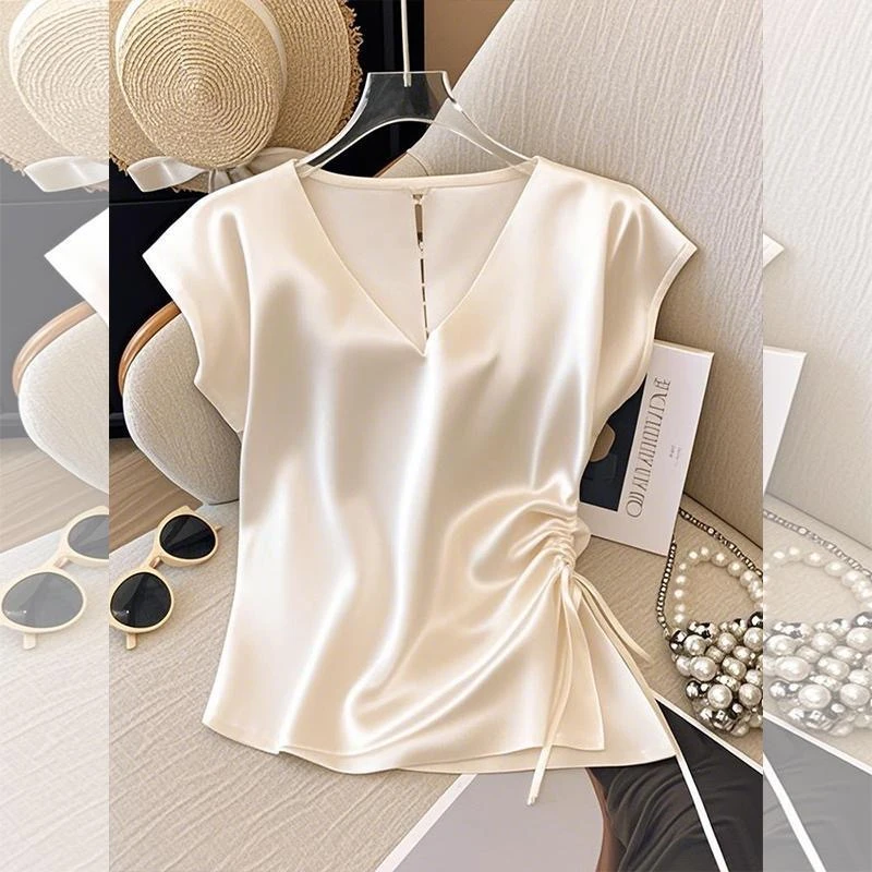 2025夏新款V领纯色简约缎面设计感收腰系带褶皱上衣