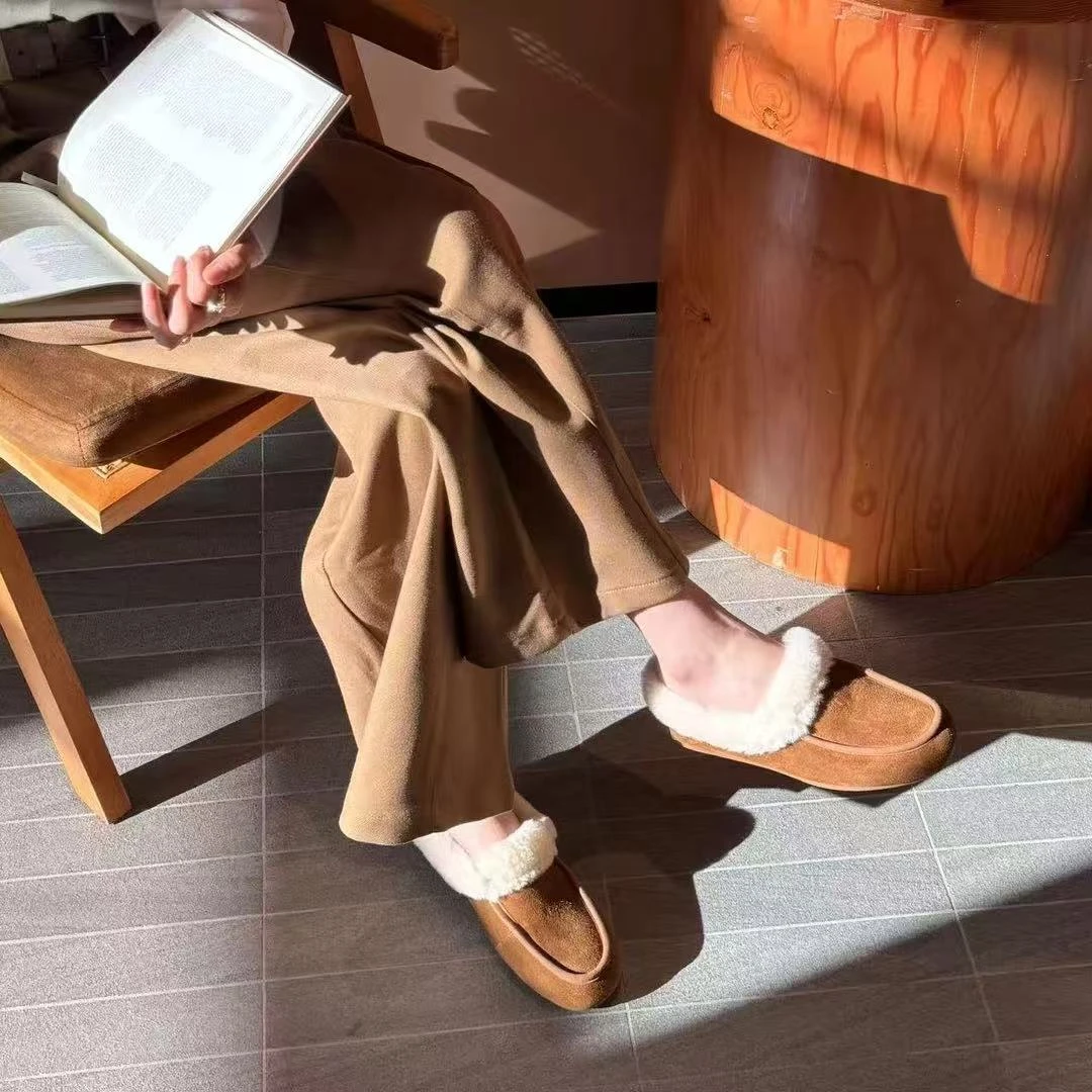 【安丽思】柜级新款女士舒适浅口羊毛皮平底一脚蹬休闲懒人乐福鞋