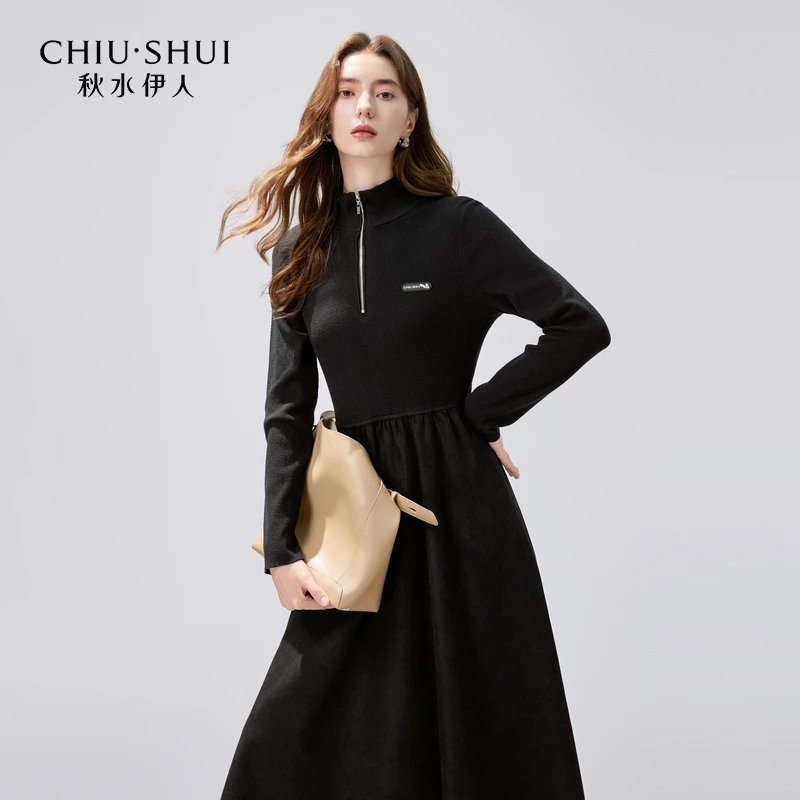 【直播】秋水伊人拉链半高领黑色连衣裙收腰内0585
