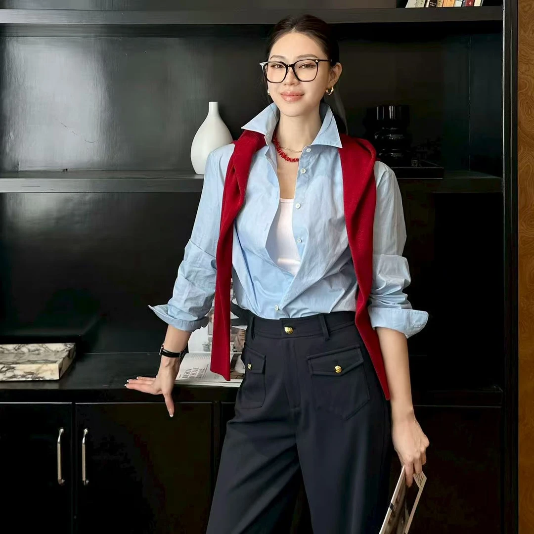 王嬛嬛MsLime25年新款【青衿】100%棉休闲蓝色纯棉衬衫 HD2C0436