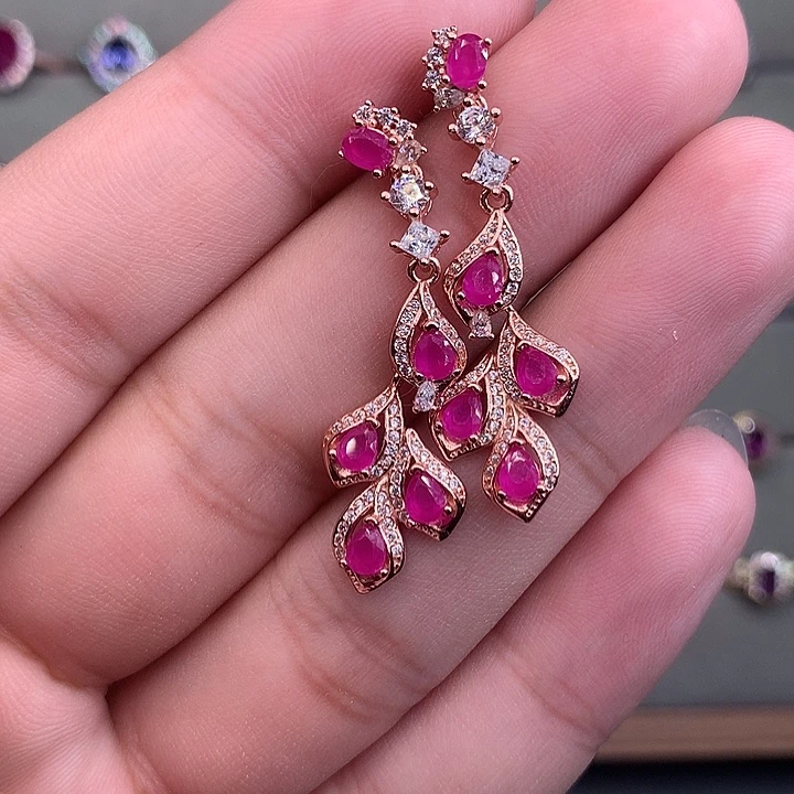 耳饰银S925镶嵌红宝石