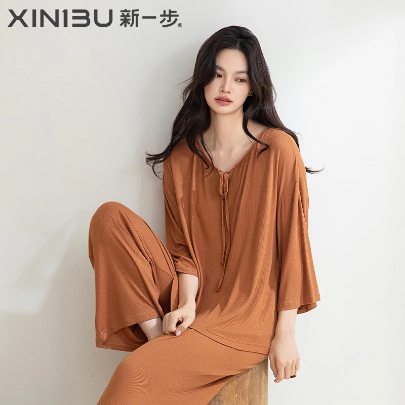 新一步莫代尔棉七分袖睡衣女纯色春夏薄款V领套头长裤家居服套装