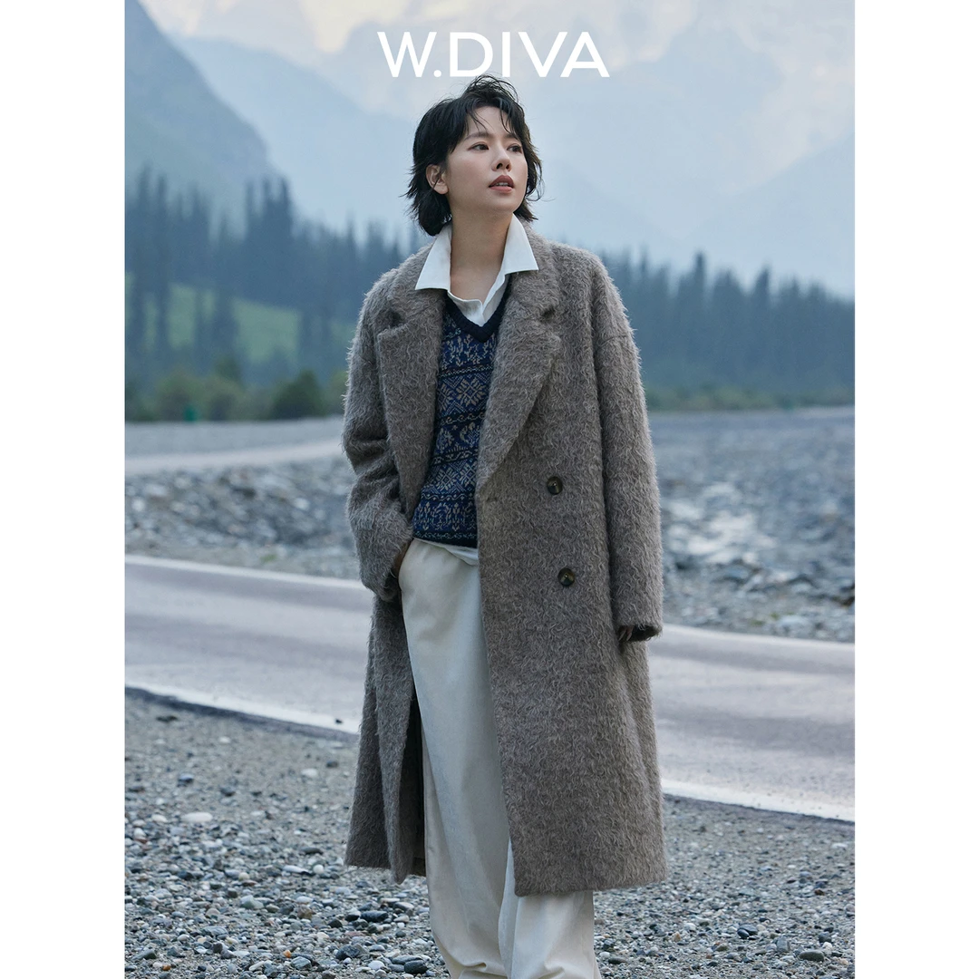 W.Diva【沙丘】安哥拉山羊马海毛美拉德大翻领长款大衣女54C252746