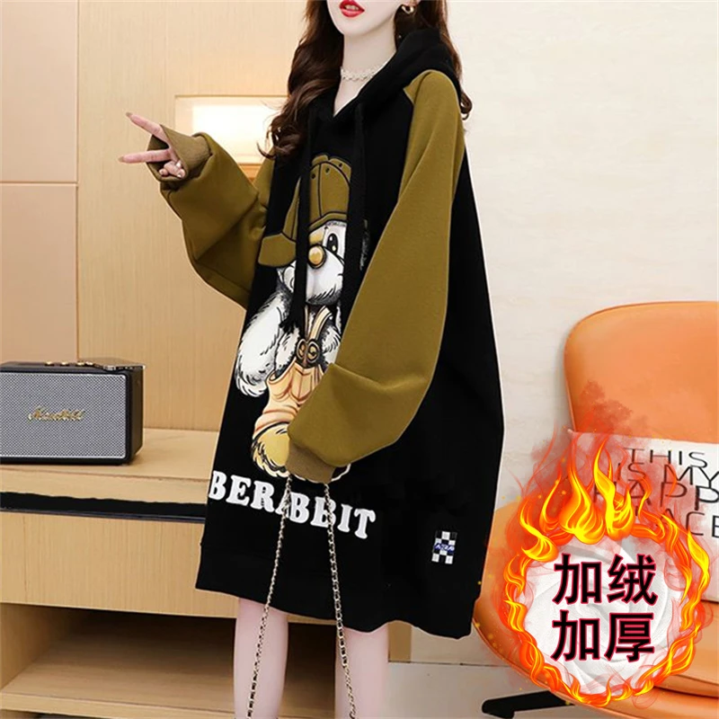 纯棉遮屁股中长新爆款上衣春秋冬加绒帽衫慵懒风宽松卫衣女高级感