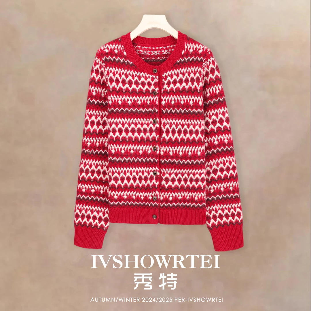 【L.P】费尔岛提花100纯山羊绒加厚圆领女士开衫 YXW24423