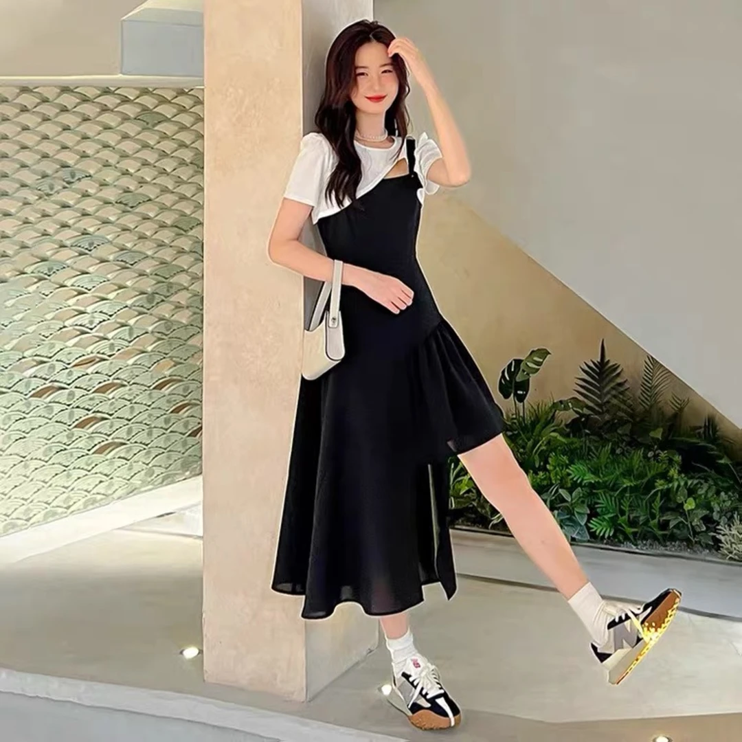 时尚圆领黑色镂空设计感不规则两件套连衣裙E98159