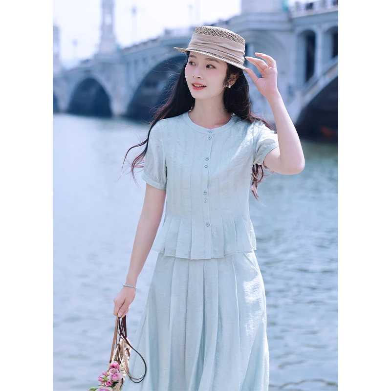 红念文艺蓝色天丝衬衫女短袖设计感夏季2025新款女装休闲气质上衣