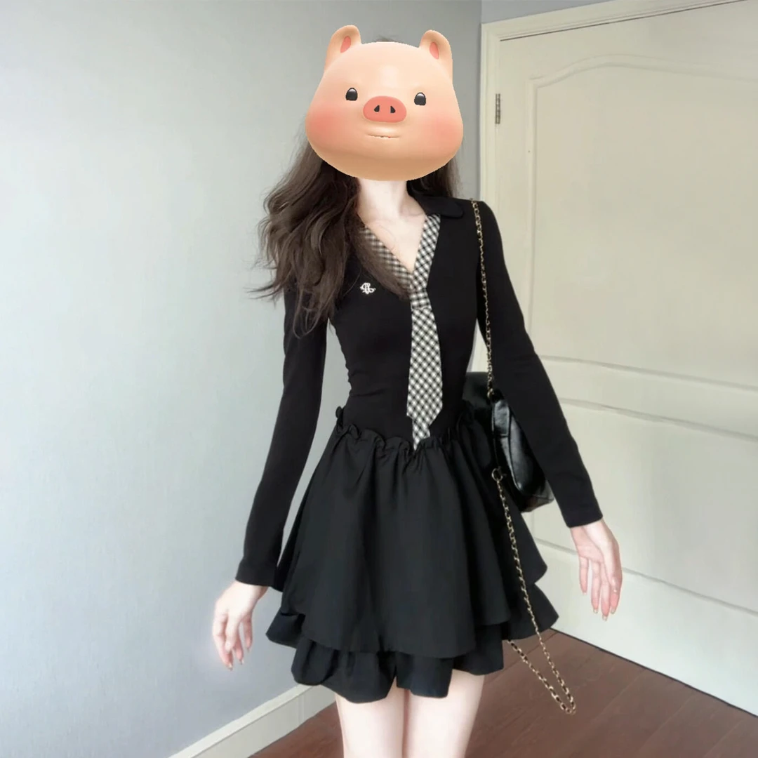韩系巨好看长袖黑色连衣裙子女早秋季2025新爆款学院风小个子短裙