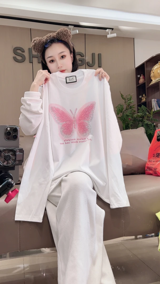 长袖-新款（流苏蝴蝶粉）ins高颜值纯棉潮牌气质款圆领打底宽松休闲