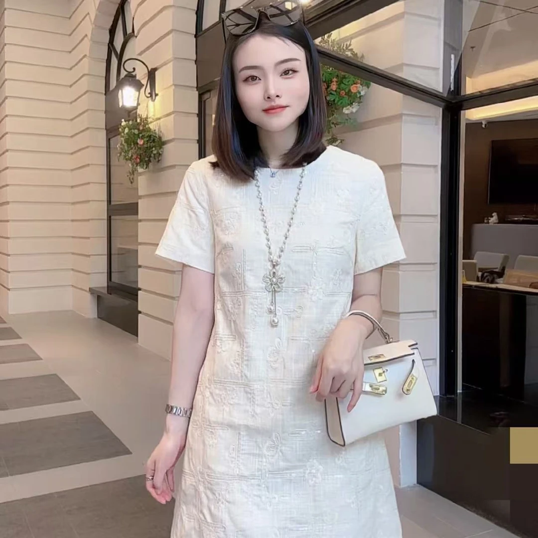 夏季新款亚麻重工立体刺绣亮片简约纯色显瘦中长款连衣裙