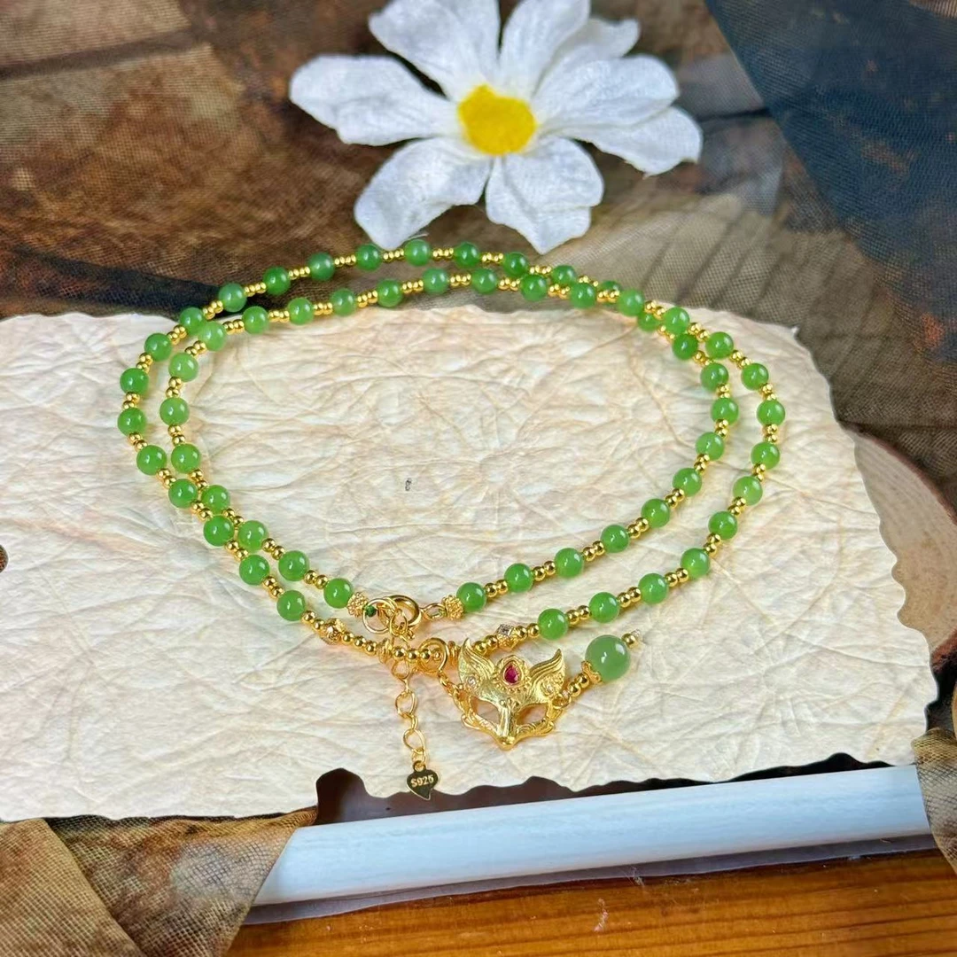 S925银狐狸面具凤九串珠项链HNZ13144