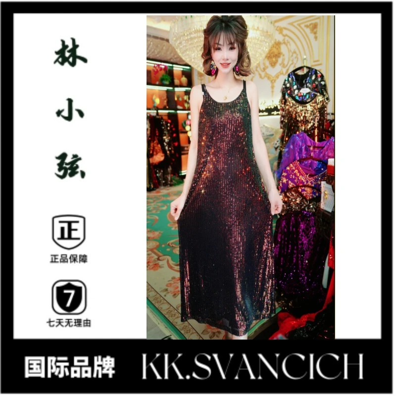 525炫黑吊带宴会晚礼服2025夏新款宽松版型连衣裙主持人礼服女