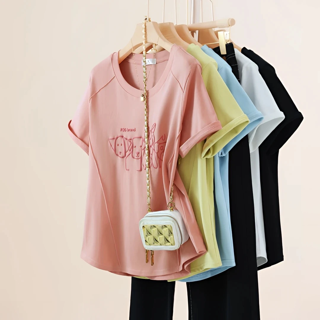 大码遮肉显瘦正肩短袖T恤女夏季百搭胖mm遮肚子鱼骨印花上衣1132