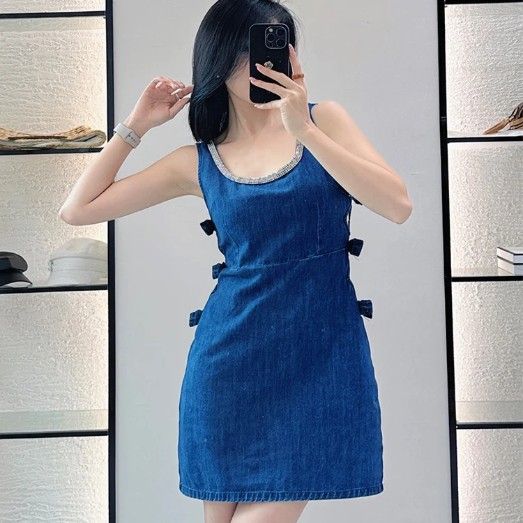 镶钻蝴蝶结无袖中长裙女款镂空背心连衣裙AL1491