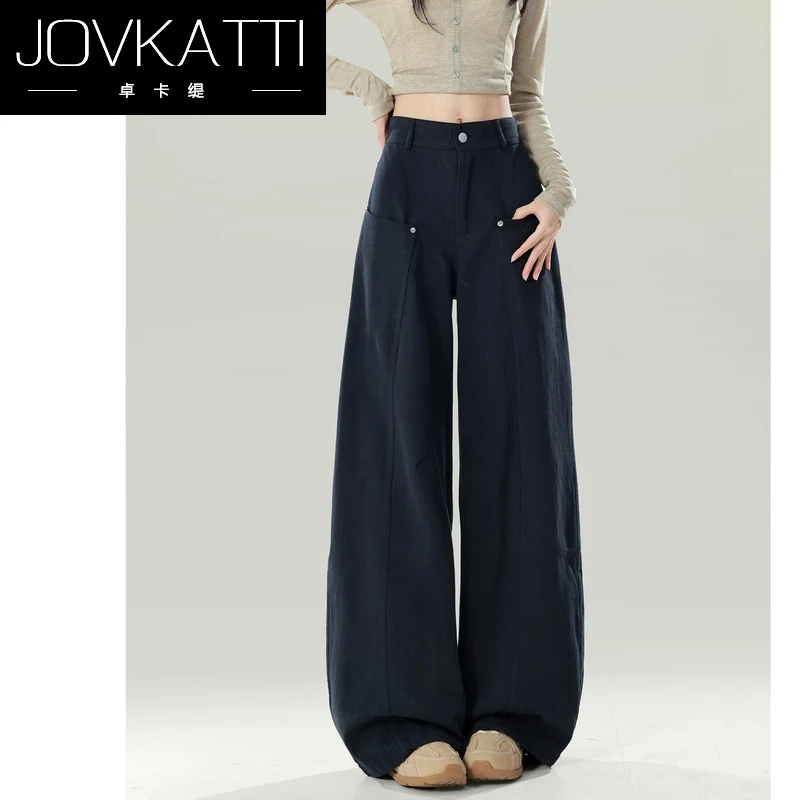 藏青色阔腿弯刀牛仔裤女秋冬2025新款高腰宽松复古直筒裤