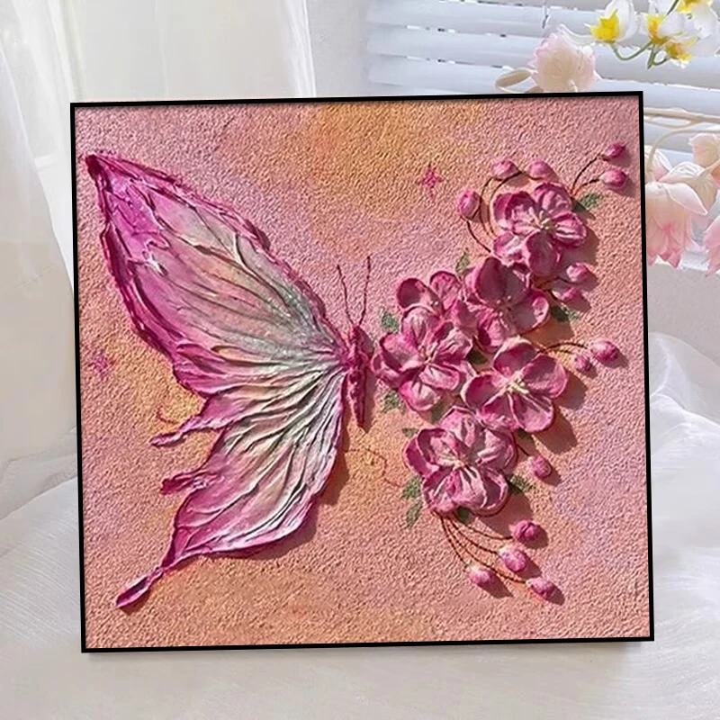 M13蝴蝶高级感立体肌理画砂岩画玫瑰花装饰画现代轻奢客厅挂画