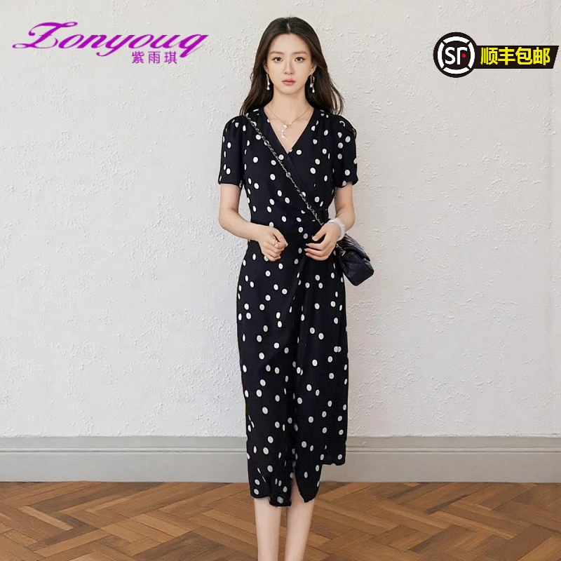 紫雨琪法式优雅知性气质名媛风高端收腰显瘦波点雪纺连衣裙女裙子