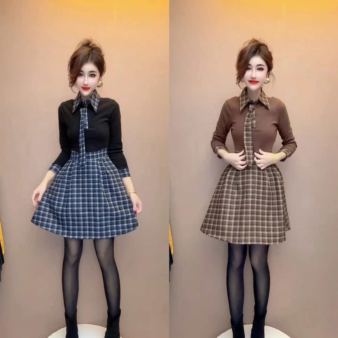 气质复古简约百褶长袖连衣裙时尚减龄中长裙