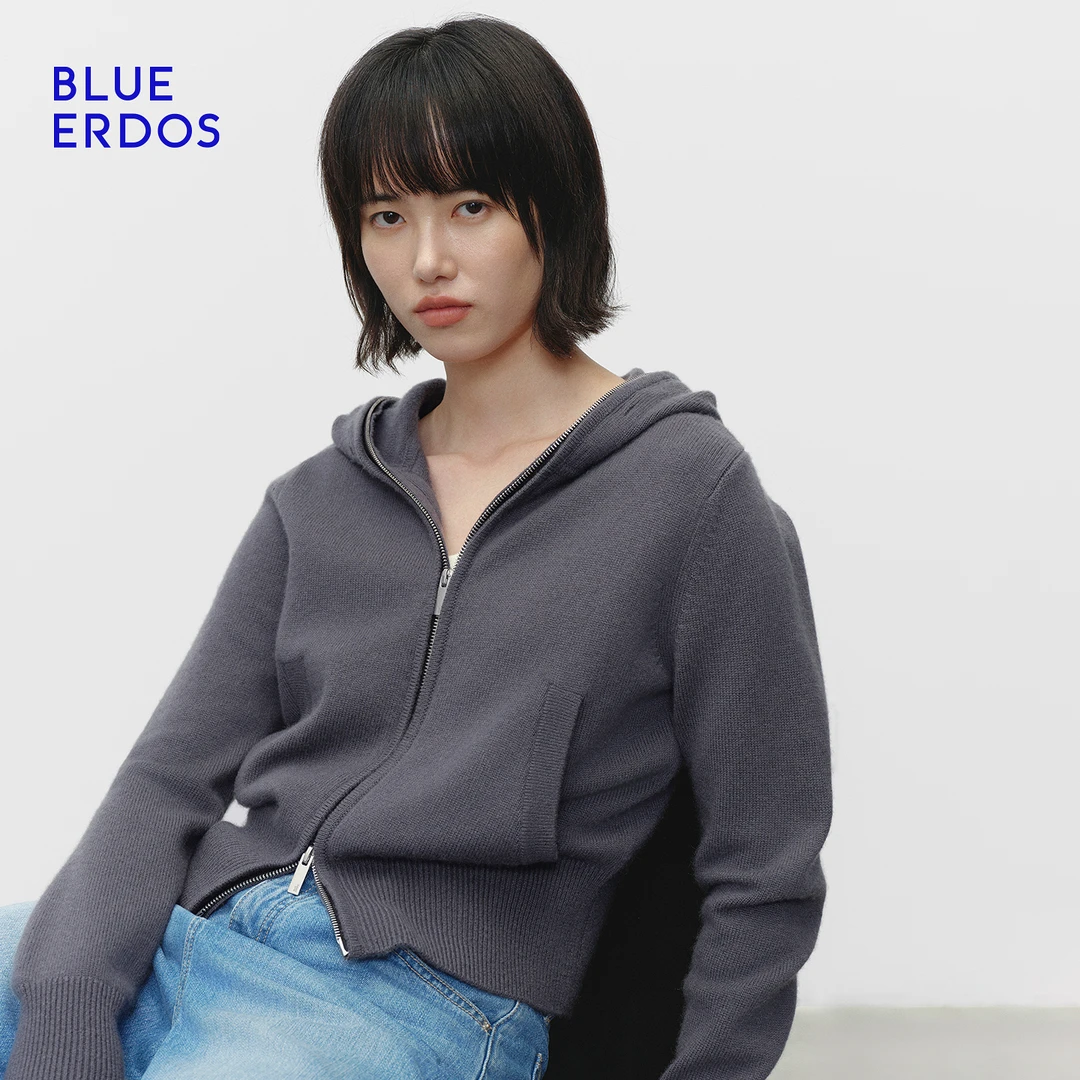 BLUE ERDOS 2025早春新品简约休闲羊毛羊绒带帽针织开衫B2256B001
