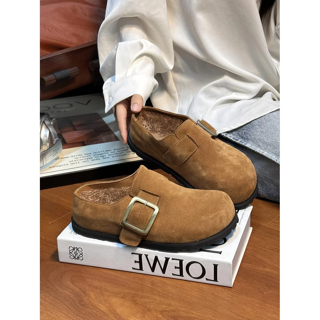 磨砂牛皮厚底包头半拖鞋女外穿复古高端百搭懒人增高毛毛拖勃肯鞋