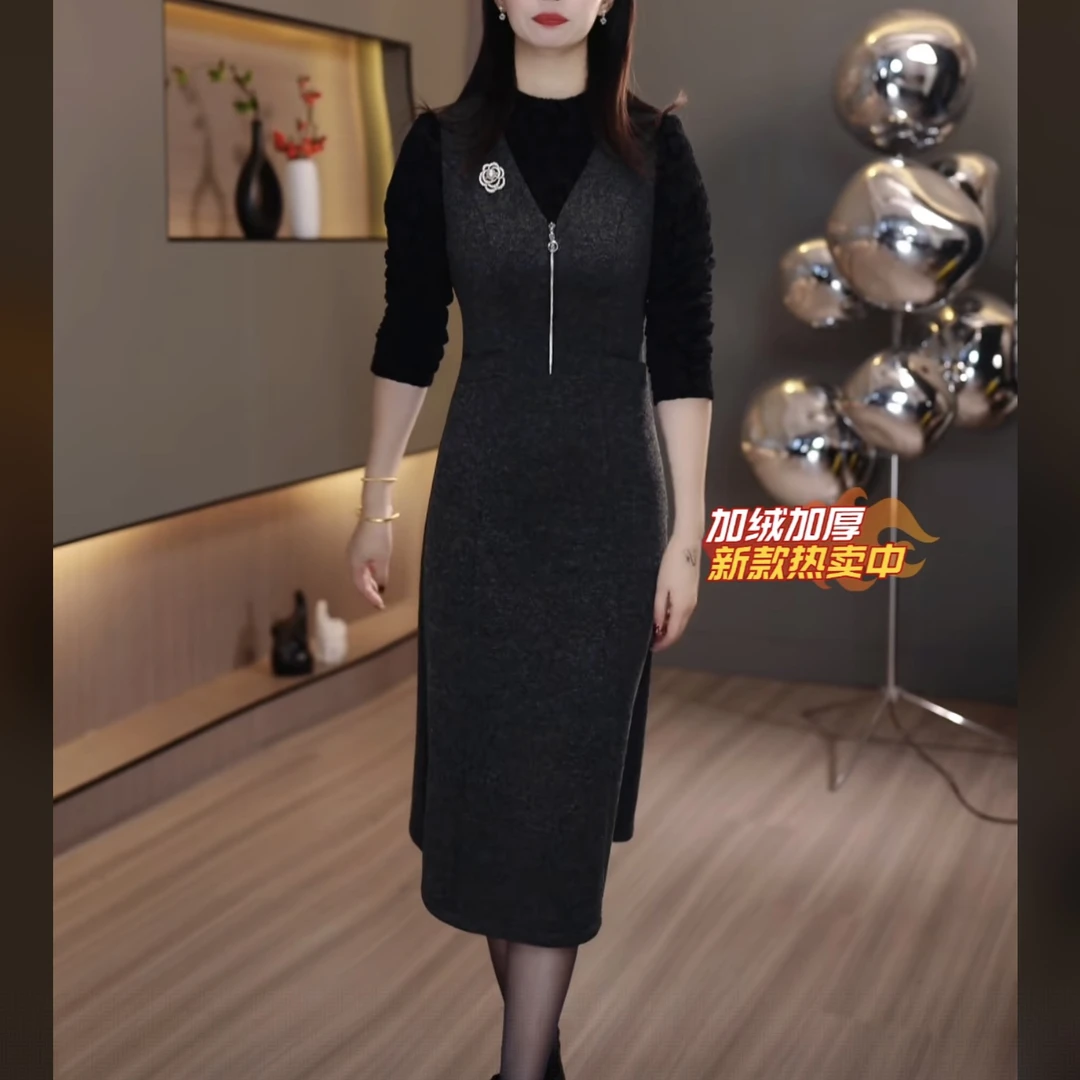【连衣裙】加绒加厚冬季新款连衣裙灰色假两件拉链设计简约大方高档