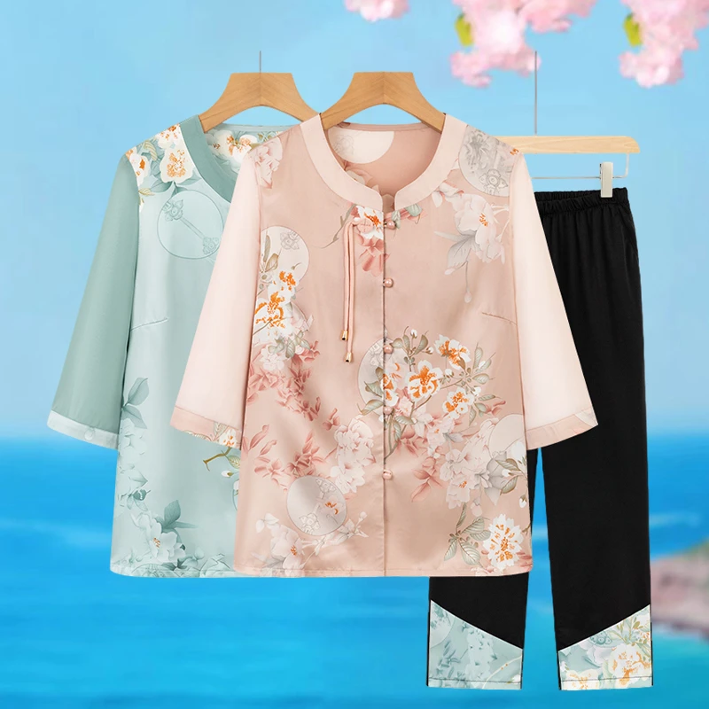 中老年人女士夏装衣服老太太国风套装奶奶装衬衫老年人薄款两件套