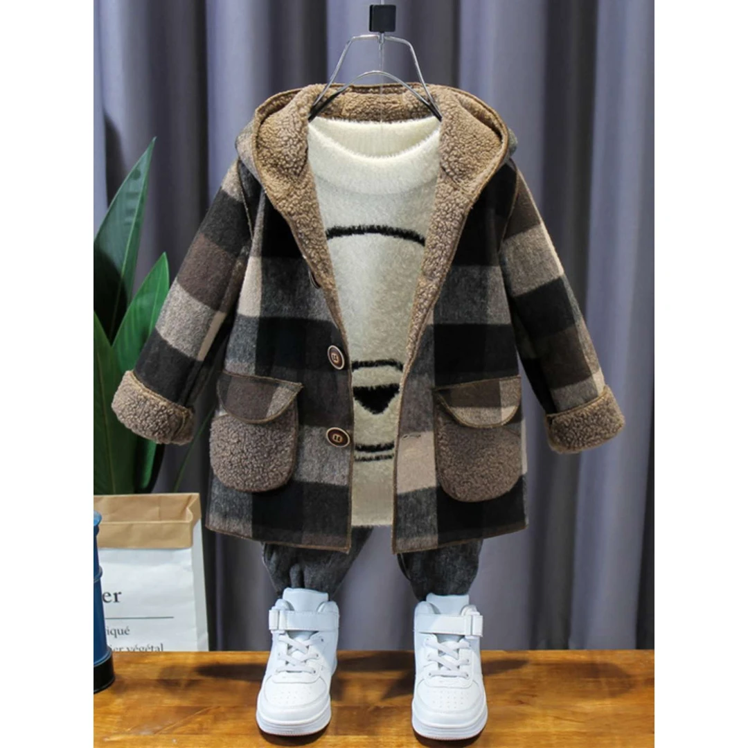 FAVMARTHA男童秋装加厚外套加绒2025新款儿童毛呢中长款洋气秋冬