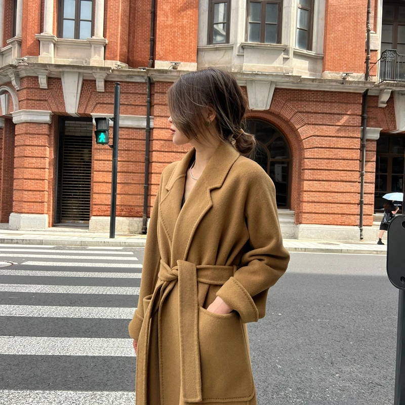 双面羊毛大衣女中长款韩版宽松休闲睡袍显瘦系带百搭羊毛呢子外套