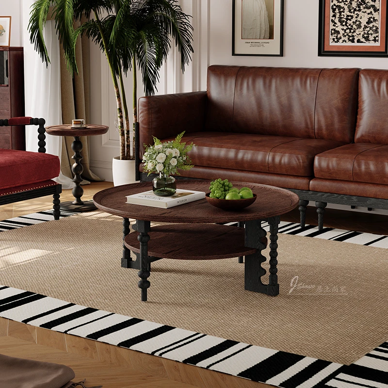 法式复古纯实木茶几圆形茶桌组合中古风红橡木小户型家用茶台客厅