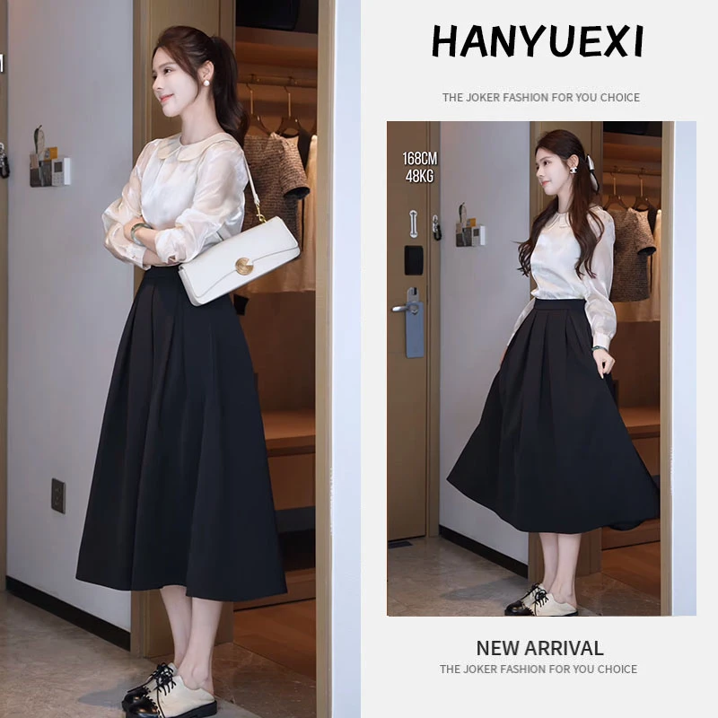 秋季时尚一整套女装2025新款洋气娃娃领长袖衬衫百搭半身裙两件套