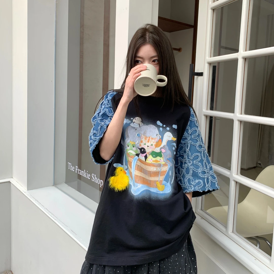 YANAG泡澡小动物印花撞色插肩短袖T恤