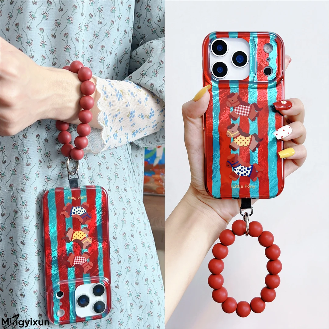 新年红蓝条纹棕马适用苹果17promax串珠iphone16pro手机壳15/14女