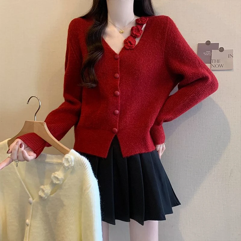 2025小香风红色立体花朵V领毛衣外套女秋冬大码胖mm显瘦